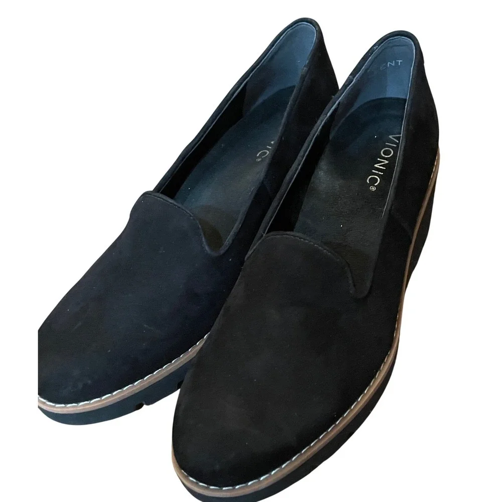 Vionic Willa Wedge Loafers Womens Black Suede Platform Lug Sole Shoes Size 8